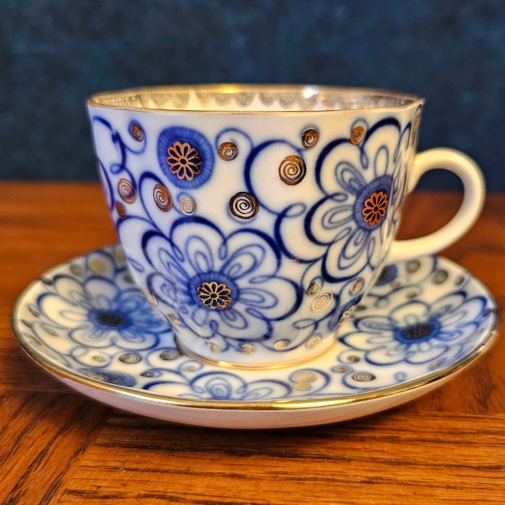 Lomonosov Imperial Porcelain Cobalt Blue Gold Floral Tea Cup Saucer Set USSR
